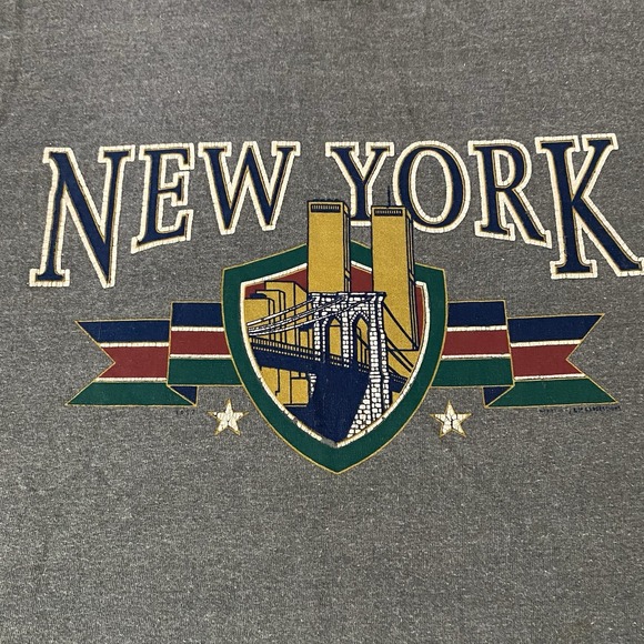 Vintage 90s New York City Shirt Men Medium Manhattan Skyline Art USA Twin Towers - Picture 2 of 13